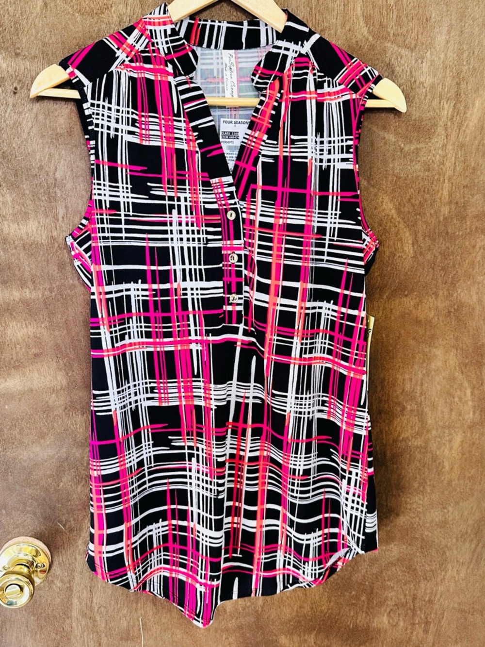PerSeption Concept Black Plaid Sleeveless Shell with Pink & Red Trim